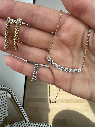 Curved Diamond Bar Necklace & Drop Chain Diamond Earrings