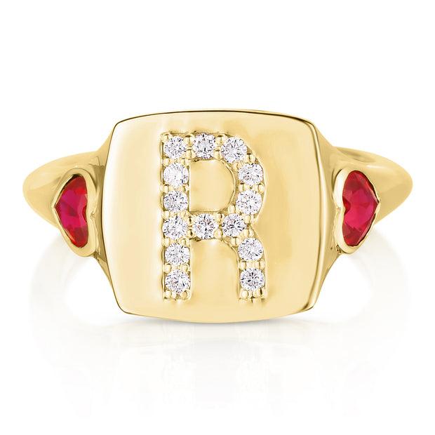 Diamond Initial Signet Ring with Ruby Hearts