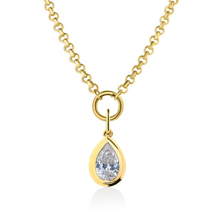 About:&nbsp;This pear cut pendant necklace features a bezel set stone on a polished gold rolo chain, balancing clean structure with subtle dimension. Understated and polished, it is designed for everyday wear with an elevated feel.

Diamond Details:&nbsp;Lab Grown Diamond

Total Carat Weight:&nbsp;1 Carat

Color:&nbsp;E/F
Clarity:&nbsp;VS

Metal:&nbsp;14K Solid Gold

Available in&nbsp;14K Yellow Gold and 14K White Gold&nbsp;

Chain Dimension:&nbsp;

Length: 18"
Width:&nbsp;3.25 mm

Pendant Closure:&nbsp;Ope