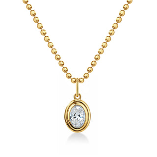 About:&nbsp;This oval pendant necklace features a bezel set stone on a polished gold ball chain, balancing clean structure with subtle dimension. Understated and polished, it is designed for everyday wear with an elevated feel.

Diamond Details:&nbsp;Lab Grown Diamond

Total Carat Weight: 1 Carat

Color:&nbsp;E/F
Clarity:&nbsp;VS

Metal:&nbsp;14K Solid Gold

Available in&nbsp;14K Yellow Gold and 14K White Gold&nbsp;

Chain Dimensions:

Length: Adjustable 16-18"&nbsp;
Width: 1.5 mm Ball Chain

Pendant Dimens