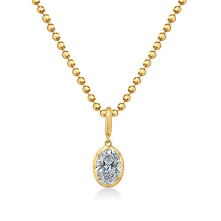 About: This pear shape pendant necklace pairs a classic drop silhouette with a polished gold ball chain for an elevated finish.

Diamond Details: Oval Lab Grown Diamond

Total Carat Weight: Available in 2 or 3 carats
Color: E/F
Clarity: VS

Metal: 14K Solid Gold

Available in 14K Yellow Gold, 14K White Gold, Two-tone (14K White Gold Front + 14K Yellow Gold Back + Bail), Two-tone (Black Rhodium Front + 14K Yellow Gold Back + Bail)

Chain Dimensions:

Length: Adjustable 16-18"
Width:&nbsp;1.5mm

Pendant Dimen