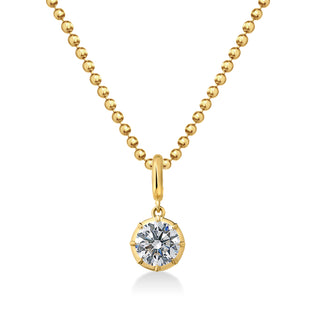 About: This round pendant necklace pairs a classic drop silhouette with a polished gold ball chain for an elevated finish.

Diamond Details: Round Lab Grown Diamond

Total Carat Weight: Available in 2 or 3 carats
Color: E/F
Clarity: VS

Metal: 14K Solid Gold

Available in 14K Yellow Gold, 14K White Gold, Two-tone (14K White Gold Front + 14K Yellow Gold Back + Bail), Two-tone (Black Rhodium Front + 14K Yellow Gold Back + Bail)

Chain Dimensions:

Length: Adjustable 16-18"
Width:&nbsp;1.5mm

Pendant Dimension