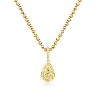 About: This pear shape pendant necklace pairs a classic drop silhouette with a polished gold ball chain for an elevated finish.

Diamond Details: Pear Shape Lab Grown Yellow Diamond

Total Carat Weight: 3&nbsp;Carats

Metal: 14K Solid Gold

Available in 14K Yellow Gold, 14K White Gold, Two-tone (14K White Gold Front + 14K Yellow Gold Back + Bail), Two-tone (Black Rhodium Front + 14K Yellow Gold Back + Bail)

Chain Dimensions:

Length: Adjustable 16-18"
Width:&nbsp;1.5mm

Pendant Dimensions: Approx&nbsp;14.7