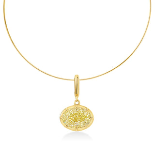 About: This oval yellow diamond pendant features a softly rounded silhouette set in 14K gold for a clean, balanced look. Suspended from a refined gold chain, it is designed to feel clean, elevated, and distinctly your own.

Diamond Details:&nbsp;Oval Lab Grown Yellow Diamond

Total Carat Weight: 3 Carats

Metal: 14K Solid Gold

Available in&nbsp;14K Yellow Gold, 14K White Gold, Two-tone (14K White Gold Front + 14K Yellow Gold Back + Bail), Two-tone (Black Rhodium Front + 14K Yellow Gold Back + Bail)

Chain 