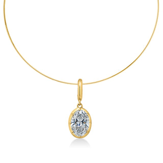About: A timeless oval shaped diamond pendant with a refined mixed-metal look, designed to feel both classic and modern. Suspended from a refined gold omega chain, it is designed to feel clean, elevated, and distinctly your own.

Diamond Details: Oval Lab Grown Diamond

Total Carat Weight: Available in 2 or 3 carats
Lab Diamond Color: E/F
Lab Diamond Clarity: VS

Metal: 14K Solid Gold

Available in 14K Yellow Gold, 14K White Gold, Two-tone (14K White Gold Front + 14K Yellow Gold Back + Bail), Two-tone (Blac