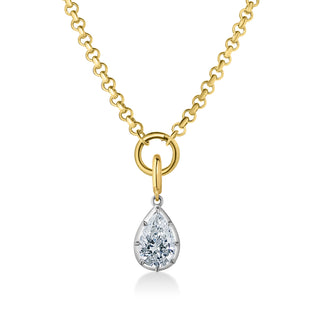About: A refined take on a classic silhouette, this necklace features a pear cut stone suspended from a polished gold chain. Timeless and modern, it adds an elevated finish to everyday styling.

Diamond Details: Lab Grown Diamond

Total Carat Weight: 3 Carats
Color: E/F
Clarity: VS

Metal:&nbsp;14K Solid Gold

Available in&nbsp;Two-Tone (14K White Gold Front + 14K Yellow Gold Back + Bail)

Chain Dimension:&nbsp;

Length: 18"
Width:&nbsp;3.25 mm

Pendant Dimension: Approx 14 mm x 10 mm

Connector: Push-in co
