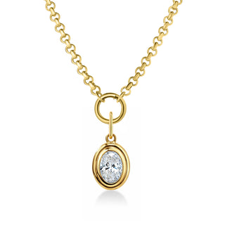 About:&nbsp;This oval pendant necklace features a bezel set stone on a polished gold rolo chain, balancing clean structure with subtle dimension. Understated and polished, it is designed for everyday wear with an elevated feel.

Diamond Details:&nbsp;Lab Grown Diamond

Total Carat Weight:&nbsp;1 Carat

Color:&nbsp;E/F
Clarity:&nbsp;VS

Metal:&nbsp;14K Solid Gold

Available in&nbsp;14K Yellow Gold and 14K White Gold&nbsp;

Chain Dimension:&nbsp;

Length: 18"
Width:&nbsp;3.25 mm

Pendant Closure:&nbsp;Open + 