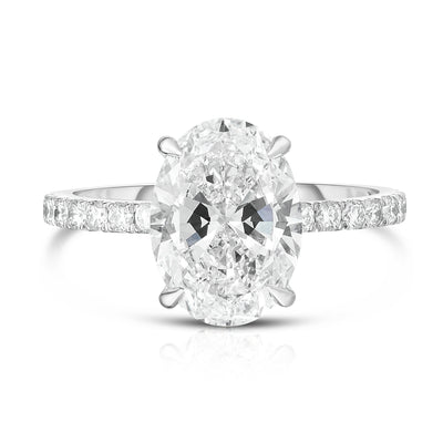 3.22 Carat Oval Hidden Halo Diamond Engagement Ring with Pavé Band