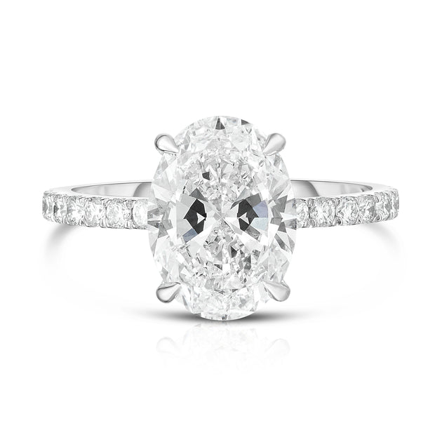 3.22 Carat Oval Hidden Halo Diamond Engagement Ring with Pavé Band