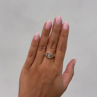 Diamond Initial Signet Ring With Heart Side Stones