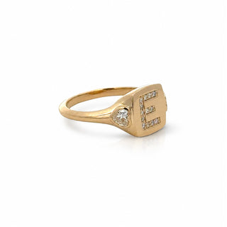 Diamond Initial Signet Ring With Heart Side Stones