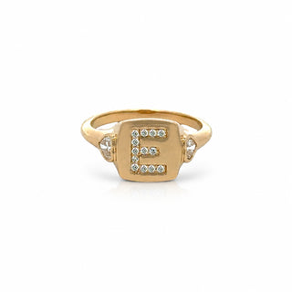 Diamond Initial Signet Ring With Heart Side Stones