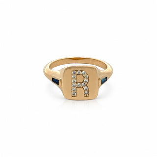 Diamond Initial Signet Ring With Blue Sapphire Side Stones