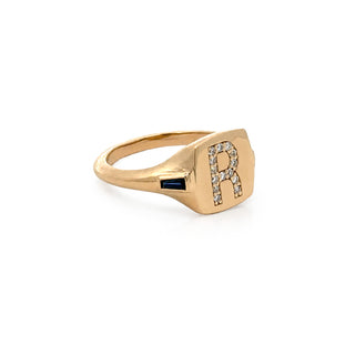 Diamond Initial Signet Ring With Blue Sapphire Side Stones