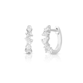 About:&nbsp;These huggie earrings feature a mix of round, pear, and baguette cut diamonds set in 14K gold for a dimensional, unique look. The varied shapes give them a distinct rhythm that feels polished but still playful.

Diamond Details: 10 Mixed Shape Diamonds

Total Carat Weight: 0.27 Carat&nbsp;
Pear diamonds: 0.11 Carats Each
Round diamonds: 0.08 Carats Each
Baguette diamonds: 0.08 Carats Each
Color: G/H&nbsp;
Clarity: SI+

Metal: 14K Solid Gold

Available in 14K Yellow Gold, and 14K White Gold

Widt