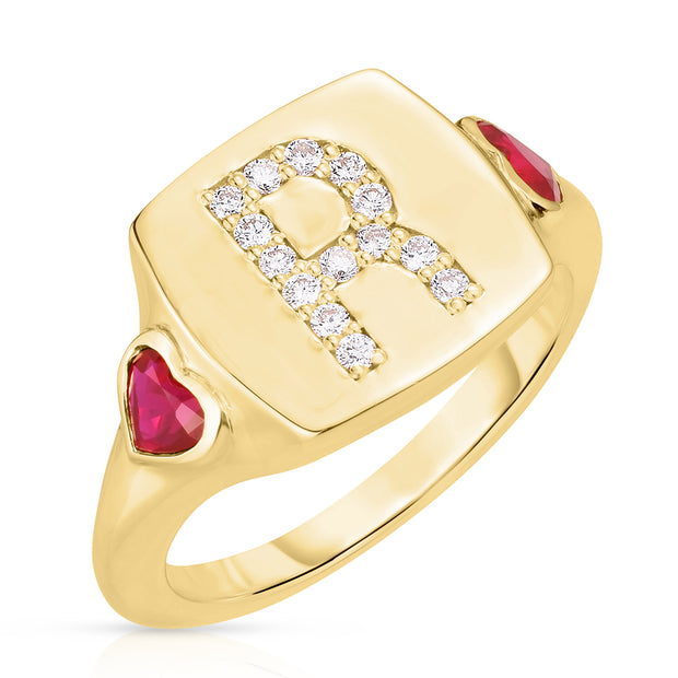 Diamond Initial Signet Ring with Ruby Hearts