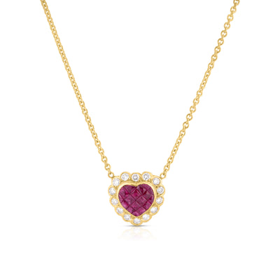 Ruby and Diamond Heart Shaped Pendant Necklace