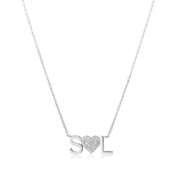Double Initial Pavé Diamond Heart Necklace