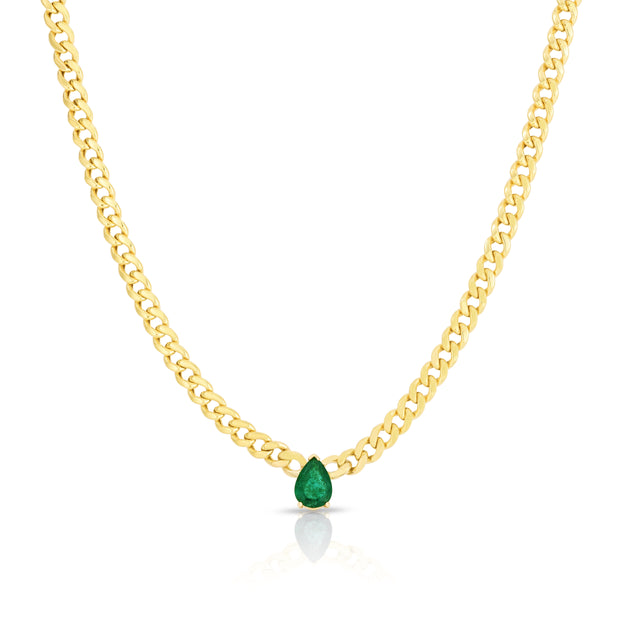 Emerald Pear Stone Cuban Chain Necklace