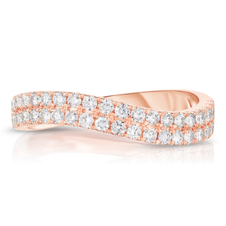 About: A modern twist on the classic pavé band, this ring features rows of round diamonds set along a softly crossed yellow gold silhouette. The fluid, sculptural shape gives it added dimension, while the allover sparkle keeps it timeless and elevated.

Diamond Details:&nbsp;Pavé Natural Diamonds


Total Carat Weight: 0.42 Carats
Color:&nbsp;G/H&nbsp;
Clarity: SI1

Metal: 14K Solid Gold

Available in 14K Yellow Gold, 14K White Gold, or 14K Rose Gold

Width: 3.4 mm