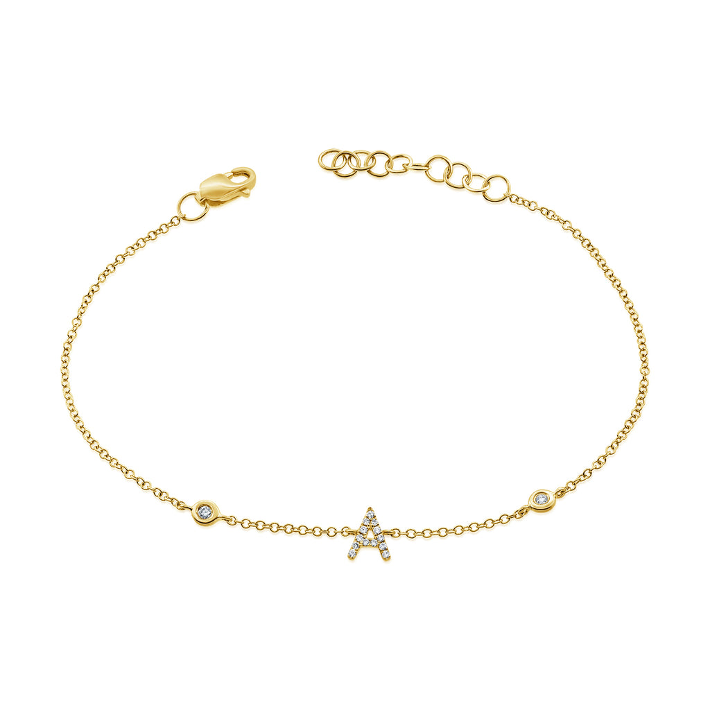 14k yellow gold diamond initial bracelet with 2 diamond bezels